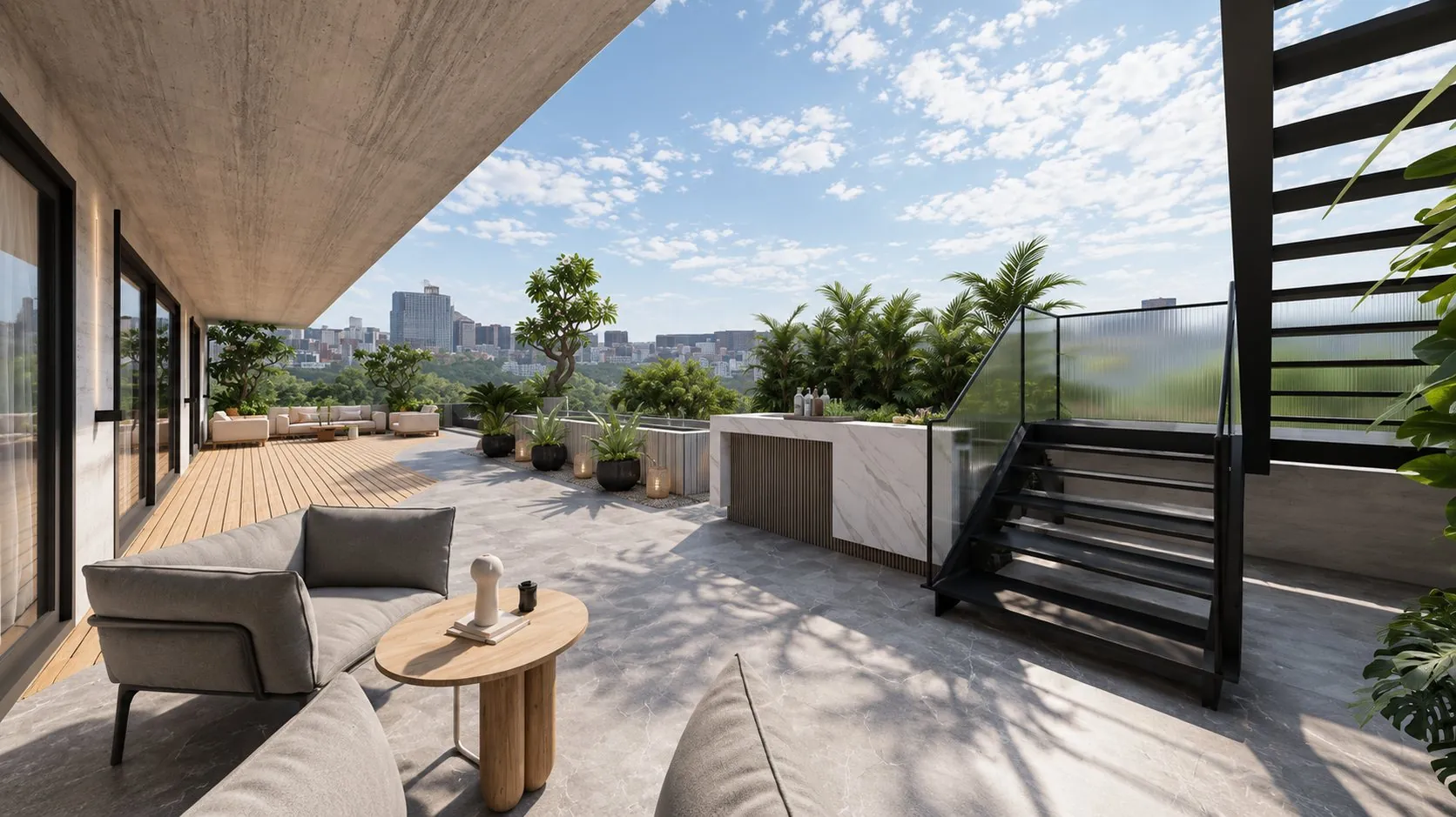 Aditya Terrace Garden: a rooftop deck and stone court under a concrete overhang, looking out over the city