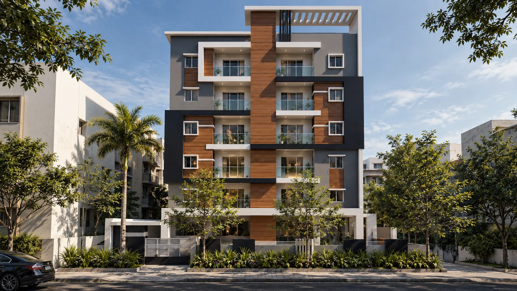 ASR Nilayam front elevation: timber-clad central spine, framed balconies and a white roof pergola