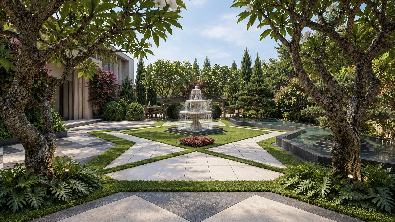 Frangipani Courts: a fountain court framed by two frangipani trees