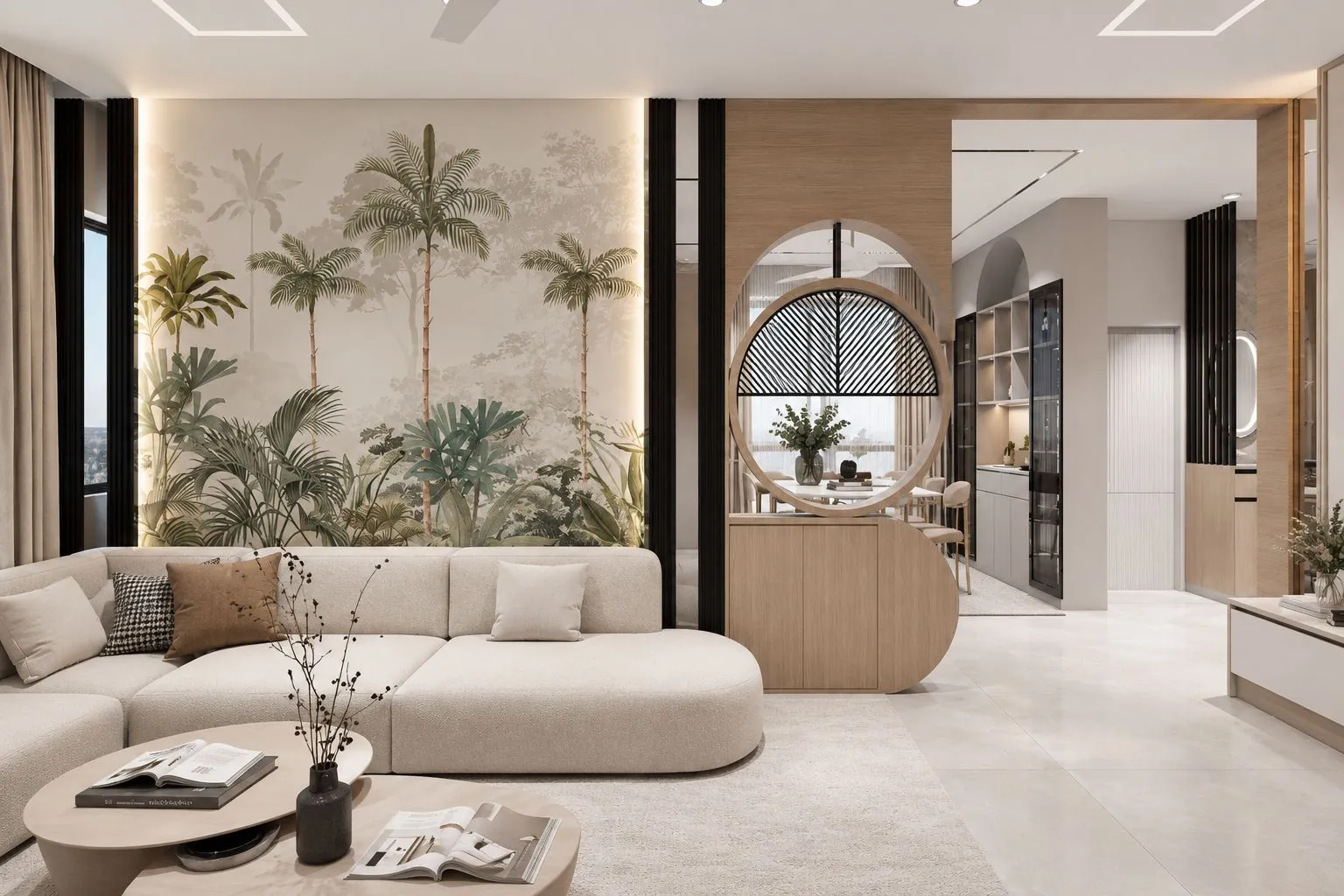 2BHK Kallimandir: living room with a tropical mural and a circular timber partition