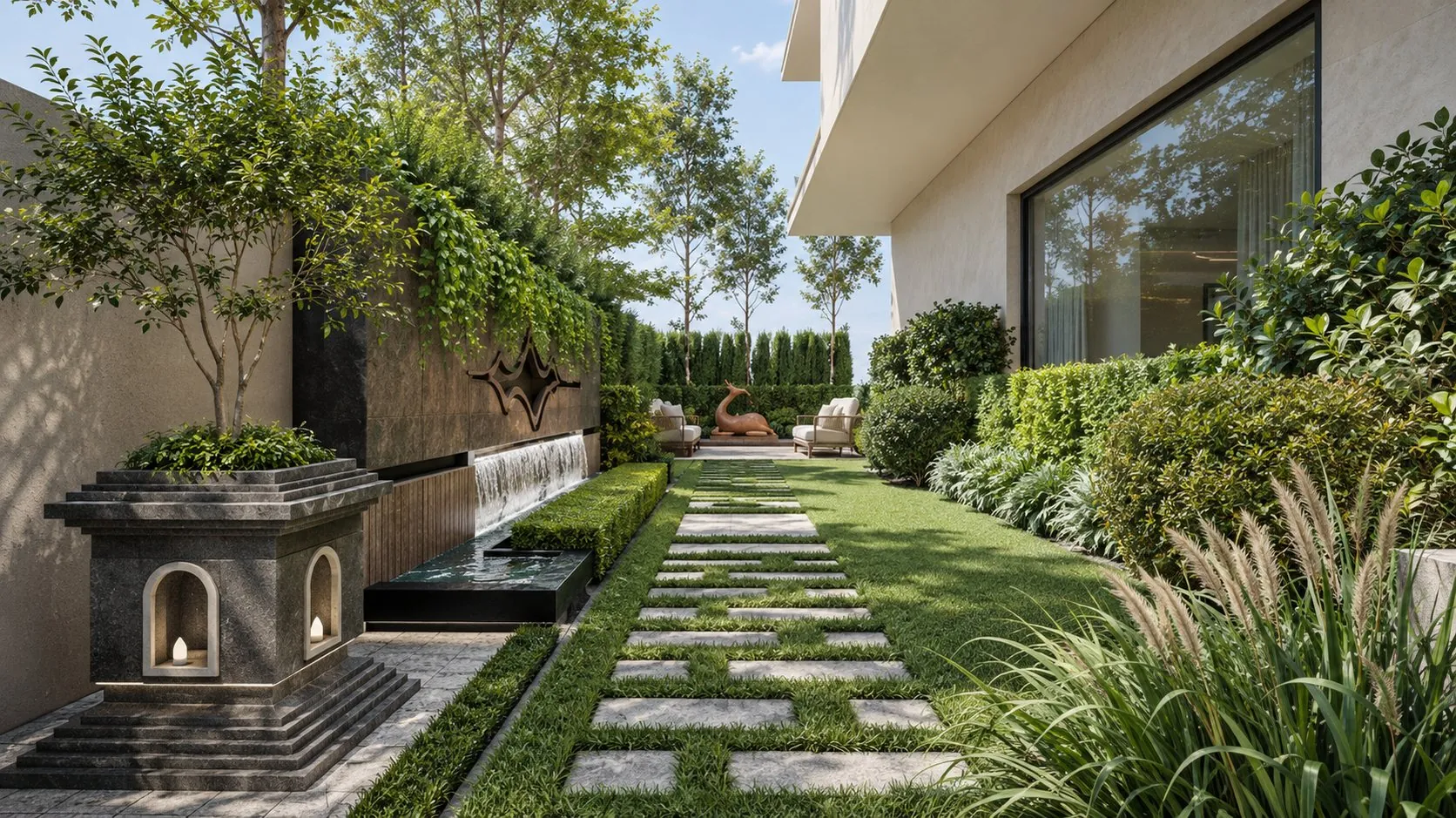 Margin Garden: a stepping-stone lawn along the house, with a water wall and a seating deck