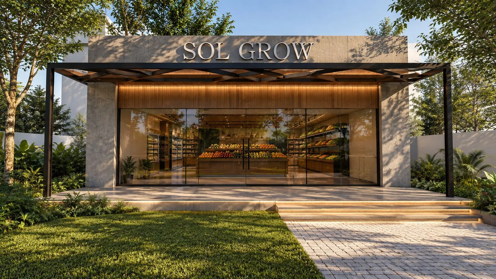 Sol Grow: a single-storey retail building with a steel canopy, timber soffit and glazed front
